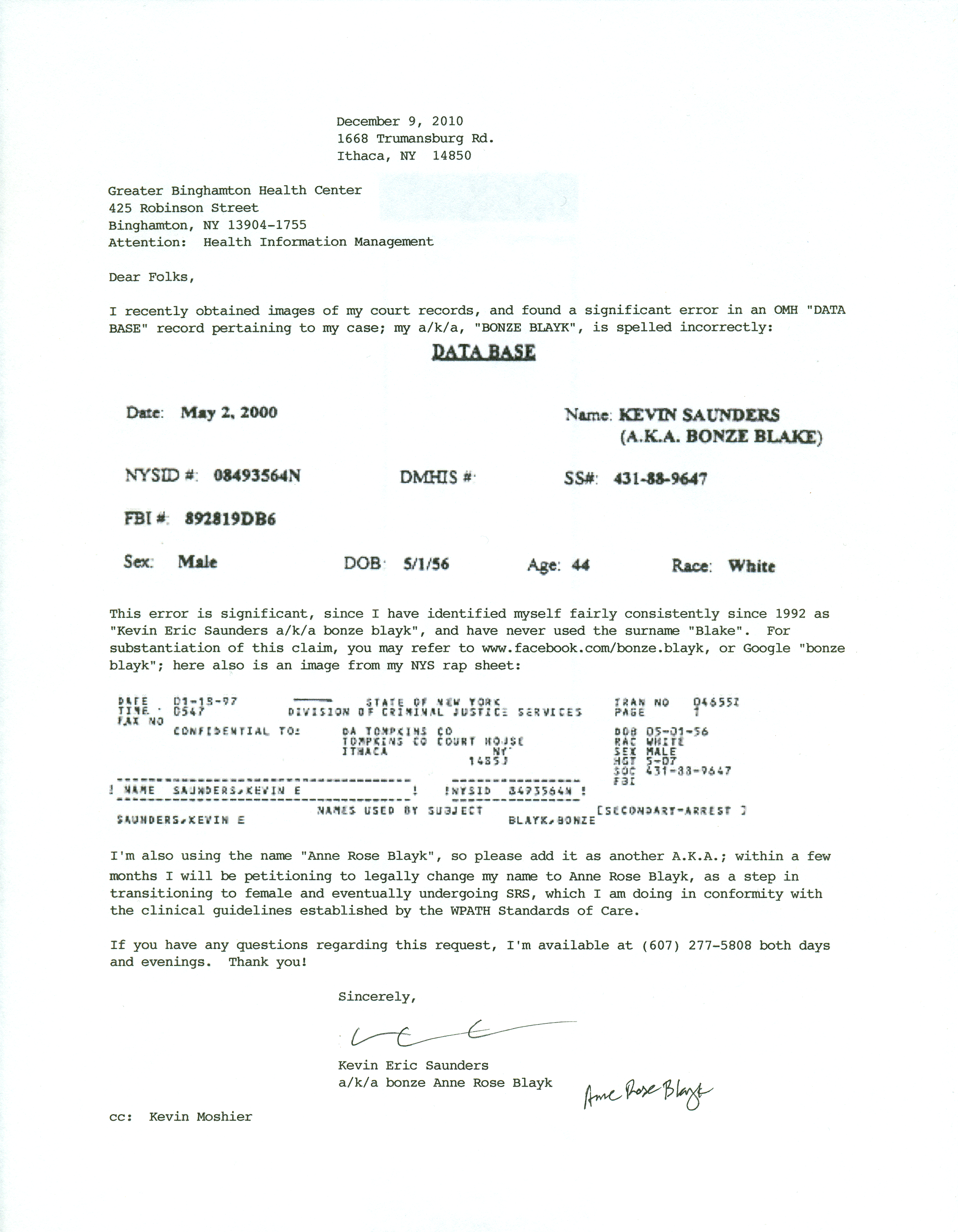 ./2010-12-09 - Binghamton Psychiatric Center - correcting 'BONZE BLAKE' in OMH record to 'Bonze Blayk' and noting 'Anne Rose Blayk' as new name as well as seeking SRS.jpg